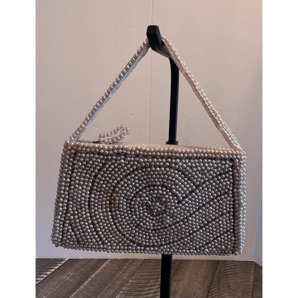 Beaded Handbag Cream Faux Pearl Swirl Evening Bag LaRegale Formal Vintage